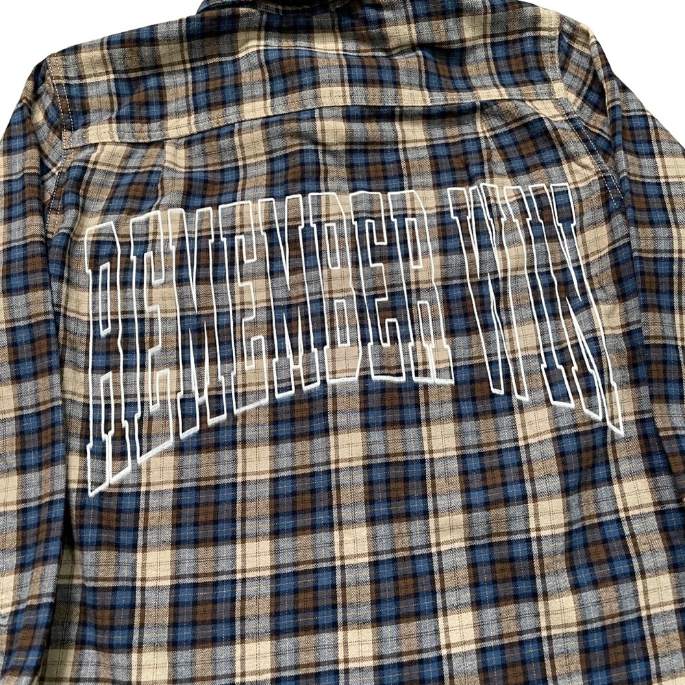 Plaid Flannel Button Up Shirt Remember Win Upcycle Blue Brown
